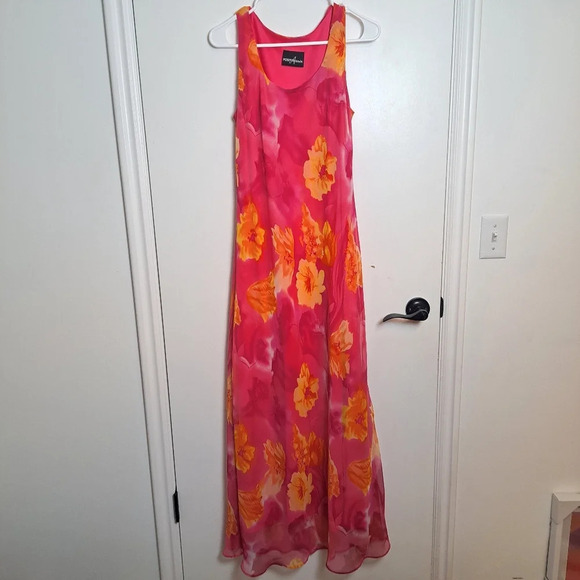 Positive Attitude Pink Orange Floral Chiffon Fairy Romantic Maxi Dress Sz Small - Picture 1 of 5